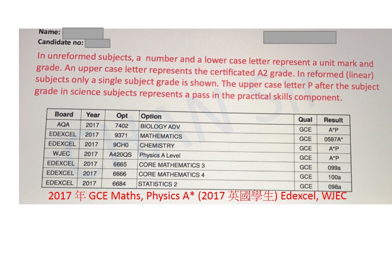 Name: Candidate no: In unreformed subjects, a number and a lower case letter represent a unit mark and grade. An upper case letter represents the certificated A2 grade. In reformed (linear) subjects only a single subject grade is shown. The upper case letter P after the subject grade in science subjects represents a pass in the practical skills compon ent. Board Year Opt Option AQA 2017 7402 BIOLOGY ADV EDEXCEL 2017 9371 MATHEMATICS EDEXCEL 2017 9CHO CHEMISTRY Qua Result GCE GCE 0597A A P WJEC 2017 A420QS Physics A Level EDEXCEL 2017 6665 CORE MATHEMATICS 3 EDEXCEL 2017 6666 CORE MATHEMATICS 4 EDEXCEL 20176684 STATISTICS 2 2017年GCE Maths, Physics A* (2017英國學生)Edexcel, WJEC GCE AP GCE 099a GCE 100a GCE 098a  text,product,font,line,material