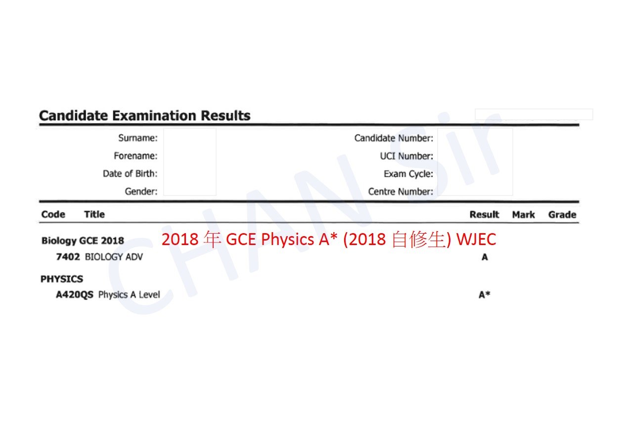 Candidate Examination Results Surname: Forename Date of Birth: Gender: Candidate Number: UCI Number: Exam Cycle: Centre Number: Code Title Result Mark Grade Biology GCE 2018 2018年GCE Physics A* (2018目修生) WJEC 7402 BIOLOGY ADV PHYSICS A420QS Physics A Level A*  text,font,line,product,area