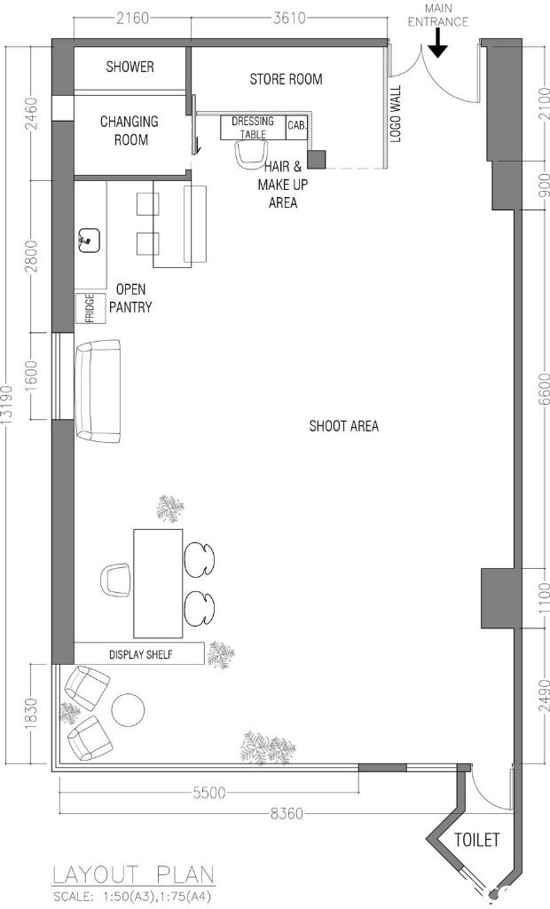 2160 3610 MAIN ENTRANCE SHOWER STORE ROOM CHANGING ROOM CAB HAIR & MAKE UP AREA OPEN PANTRY SHOOT AREA DISPLAY SHELF 5500 8360 TOILET LAYOUT PLAN SCALE: 1:50(A3),1:75(A4)  floor plan